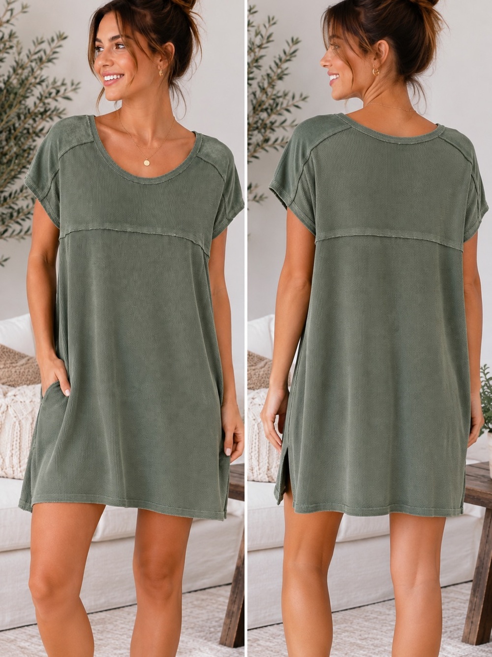 Easel Oversized Waffle Knit Mini Dress | Small | Olive Green | Boho Tunic